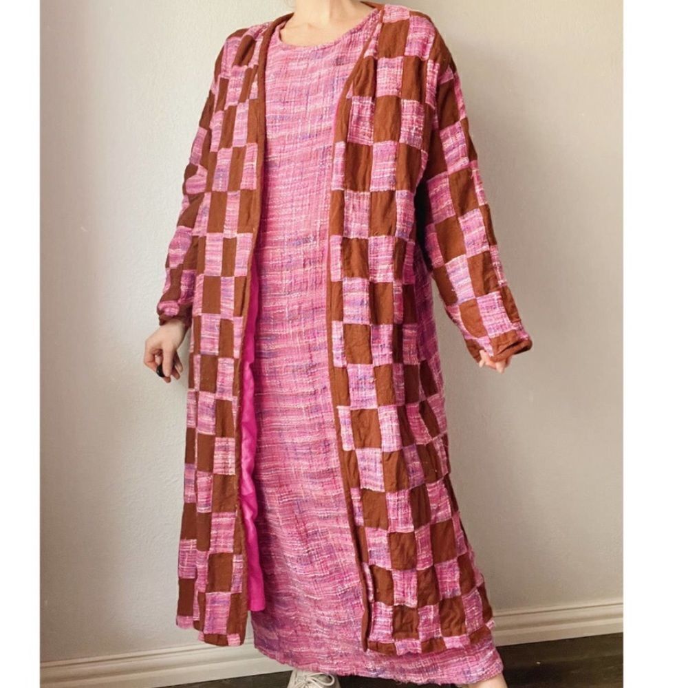 Vintage MOLATO Silk Pink Tweed Patchwork Hippie‎ 70s Maxi Dress Duster Jacket